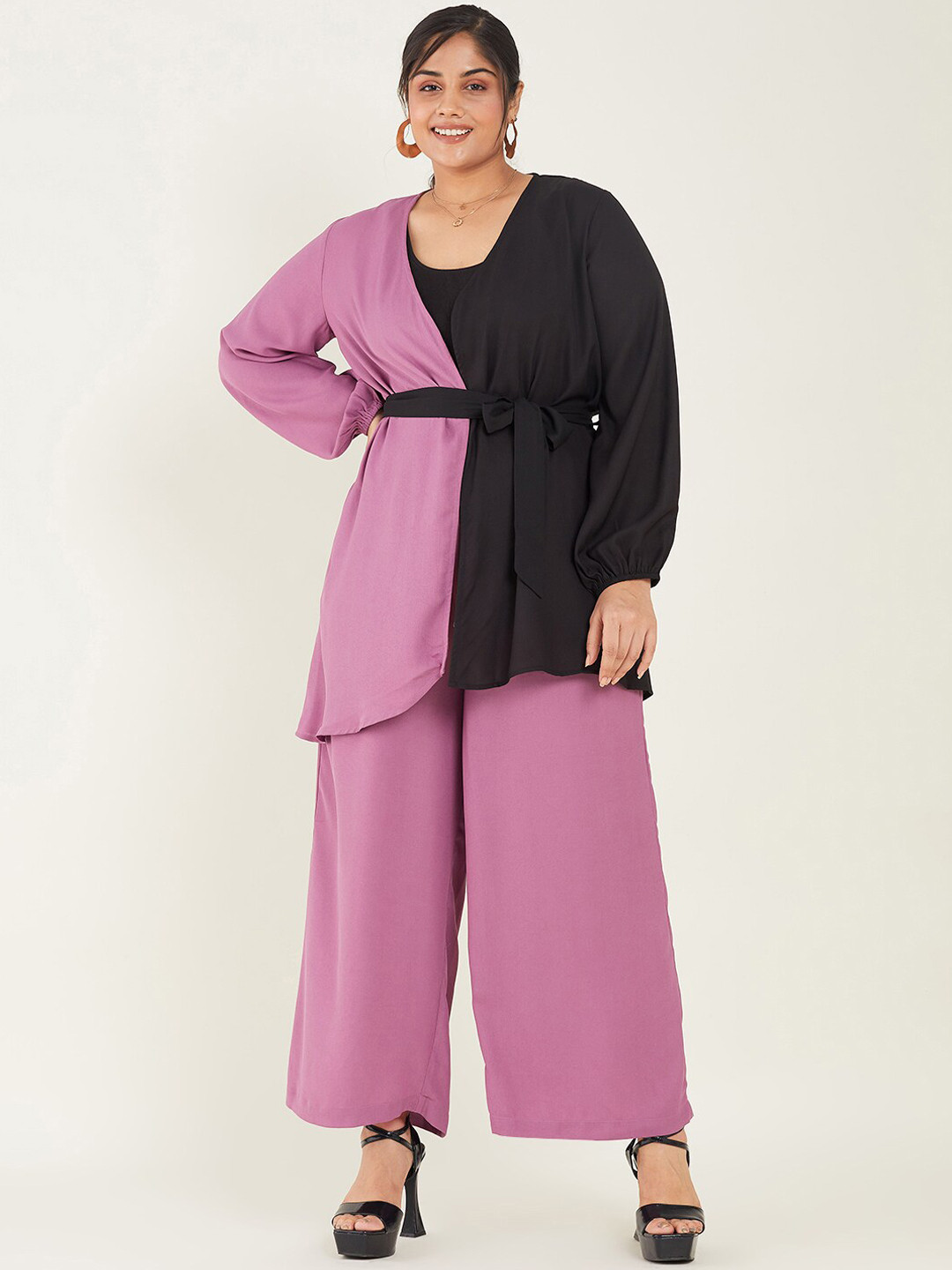 

CURVE BY KASSUALLY Colourblocked Wrap Waist Tie-Up V-Neck Top & Palazzos, Purple