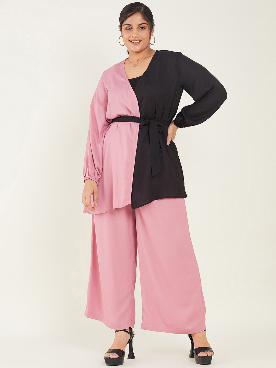 

CURVE BY KASSUALLY Colorblocked Wrap V-Neck Loose Top & Palazzos, Pink