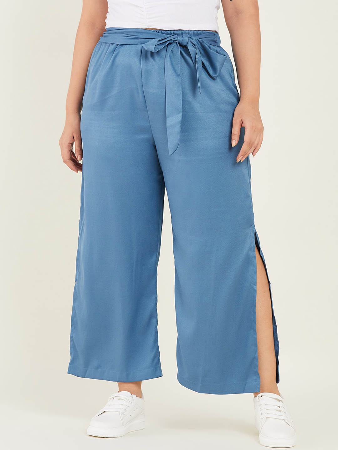 

CURVE BY KASSUALLY Women Mid-Rise Loose Fit Plain Slits Parallel Trousers, Blue