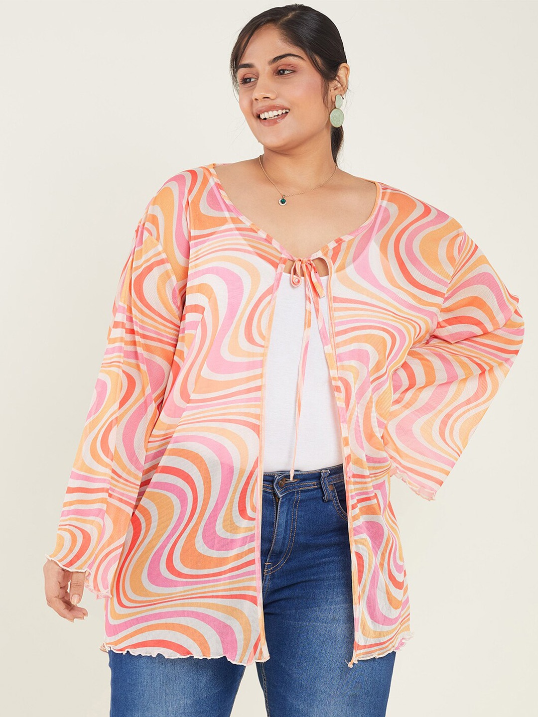 

CURVE BY KASSUALLY Abstract Printed Tie-Up Shrug, Pink