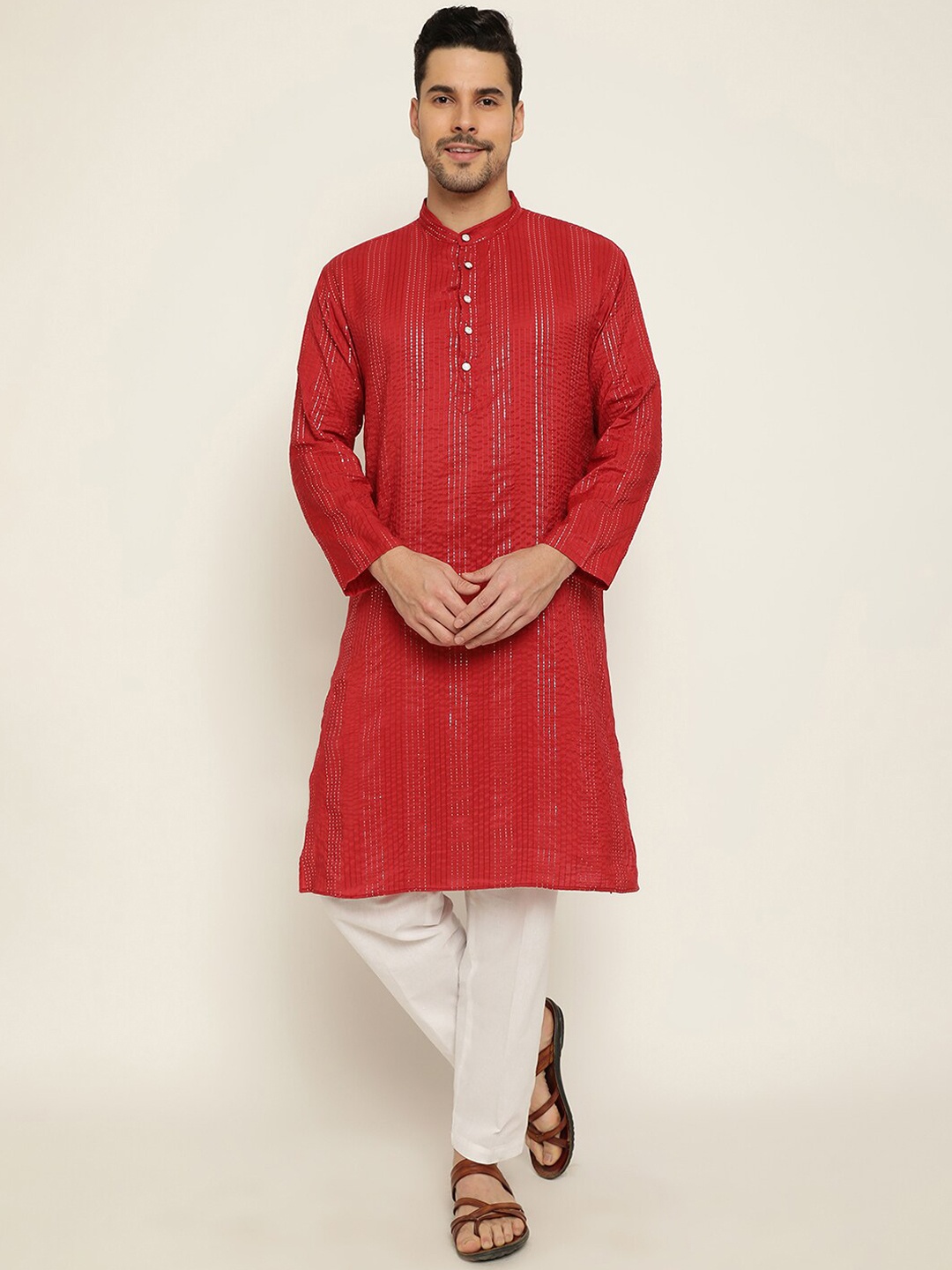 

Stuffie Land Mandarin Collar Pure Cotton Kurta with Pyjamas, Red
