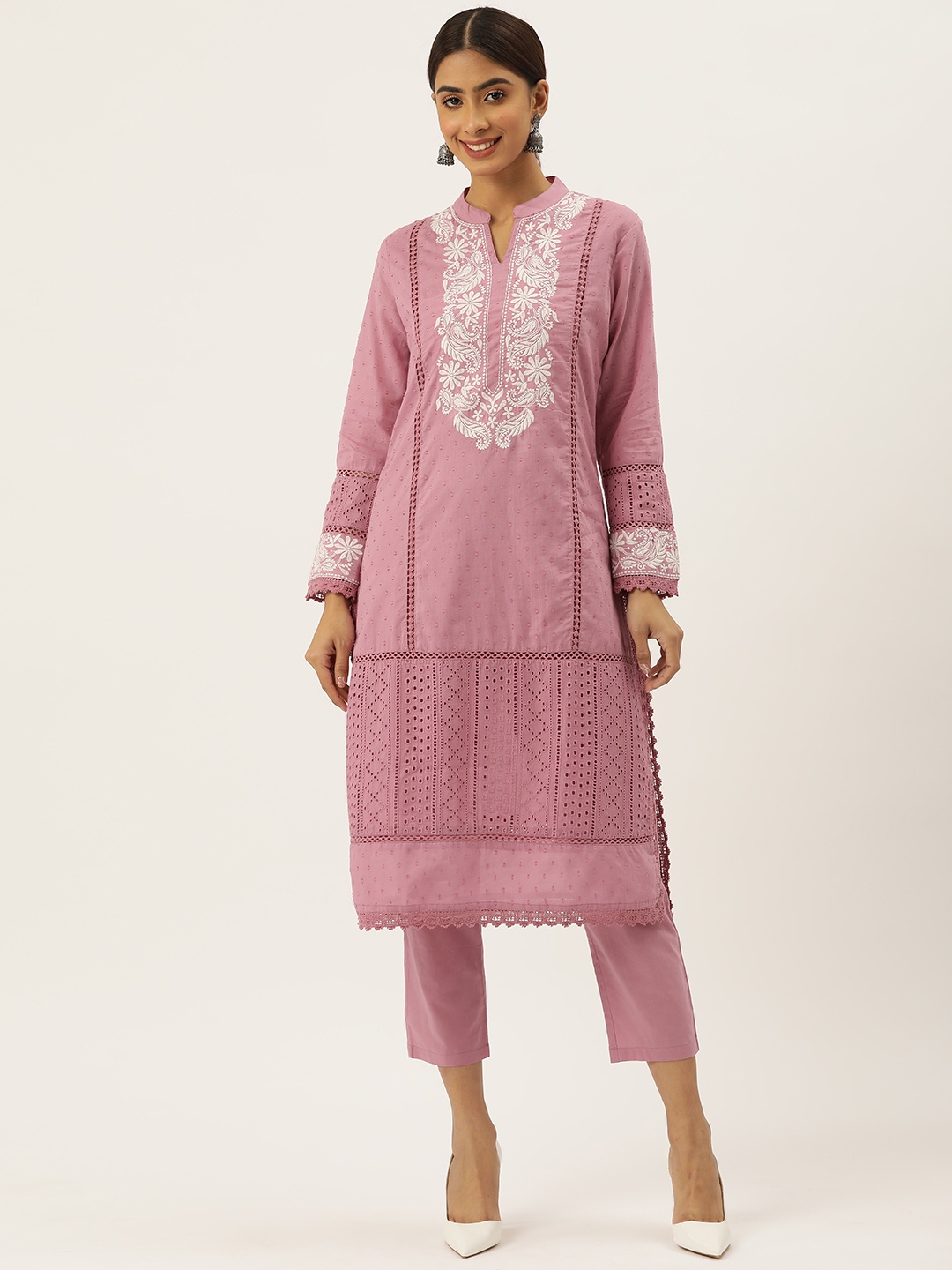 

MISRI Floral Embroidered Regular Thread Work Pure Cotton Kurta with Trousers, Mauve