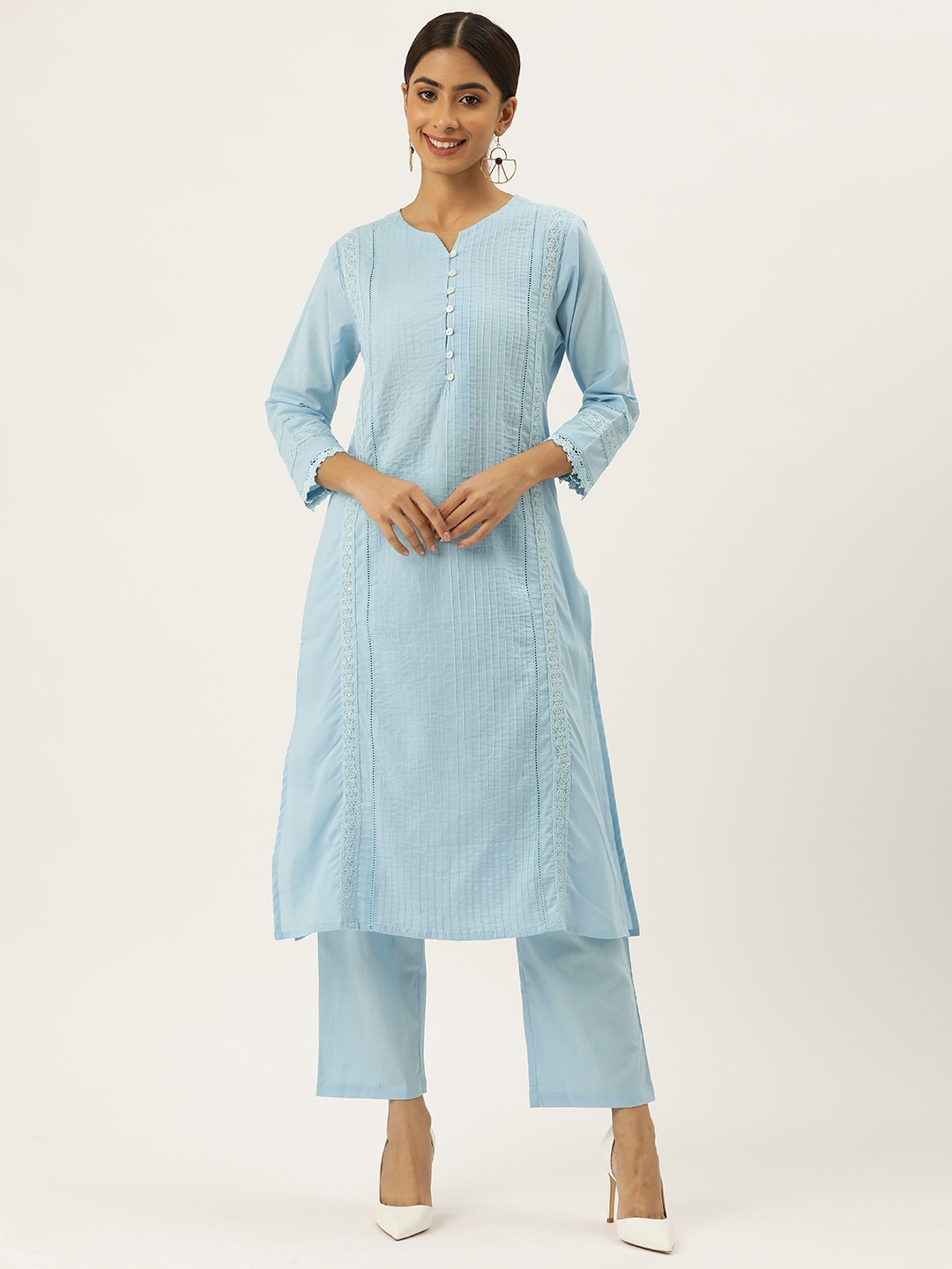 

MISRI Regular Sequinned Pure Cotton Kurta with Trousers, Blue