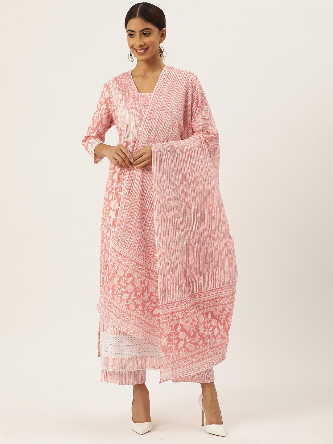 

MISRI Floral Printed Regular Beads & Stones Pure Cotton Kurta with Palazzos & Dupatta, Peach