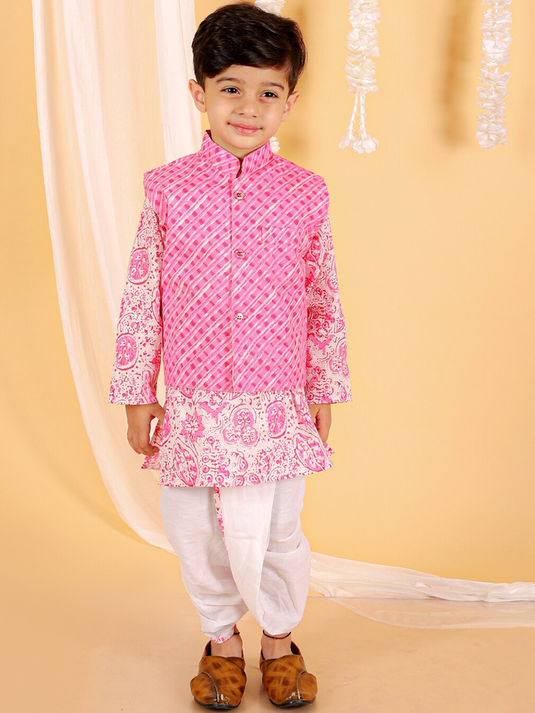

The Mom Store Boys Ethnic Motifs Printed Regular Pure Cotton Jacket And Dhoti Kurta Set, Magenta