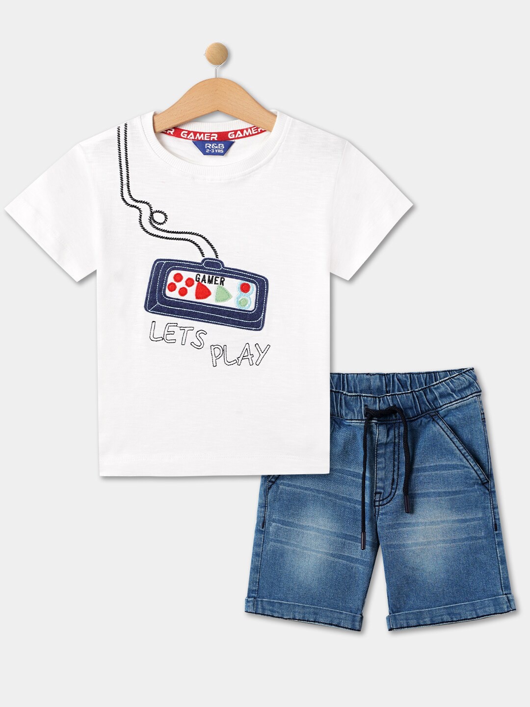

R&B Boys Printed Pure Cotton T-shirt with Shorts, White