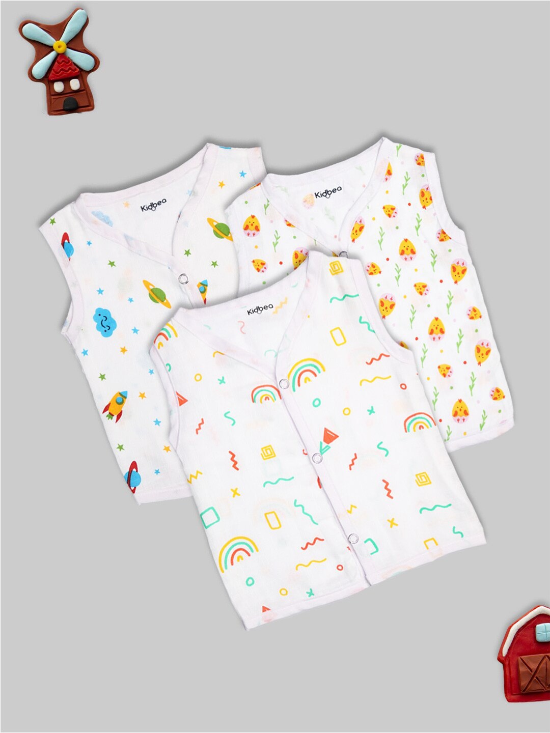 

Kidbea Infants Pack Of 3 Printed Pure Bamboo Cotton Jabla Vests, White