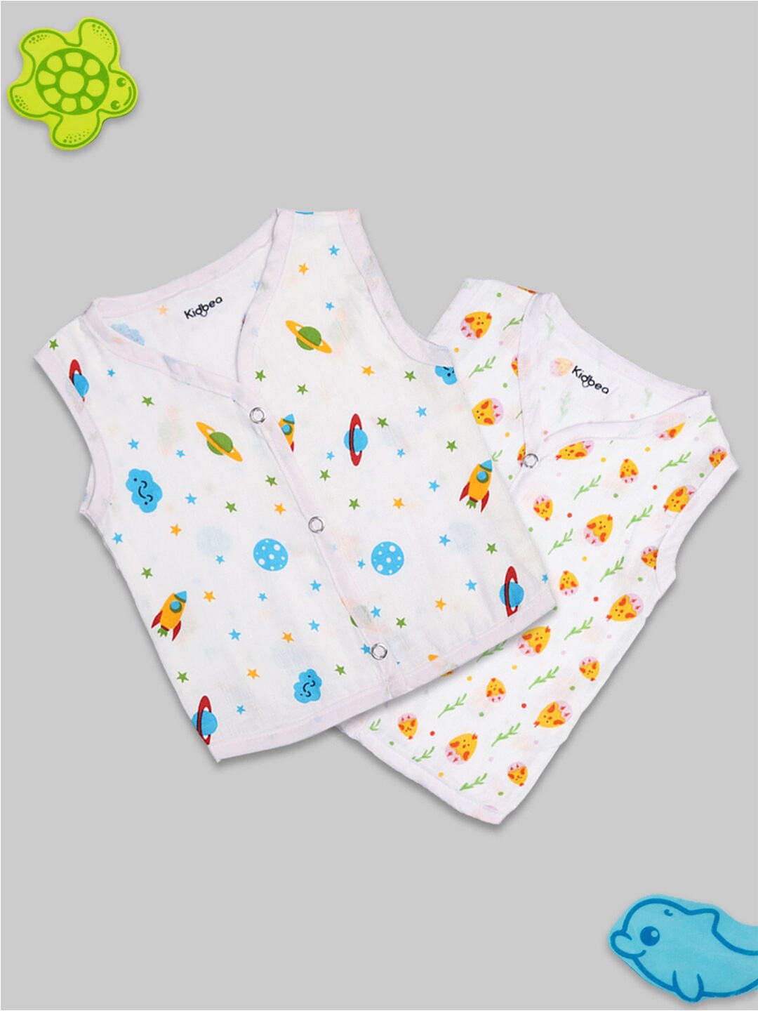 

Kidbea Infants Pack Of 2 Printed Pure Bamboo Jhabla Vests, White