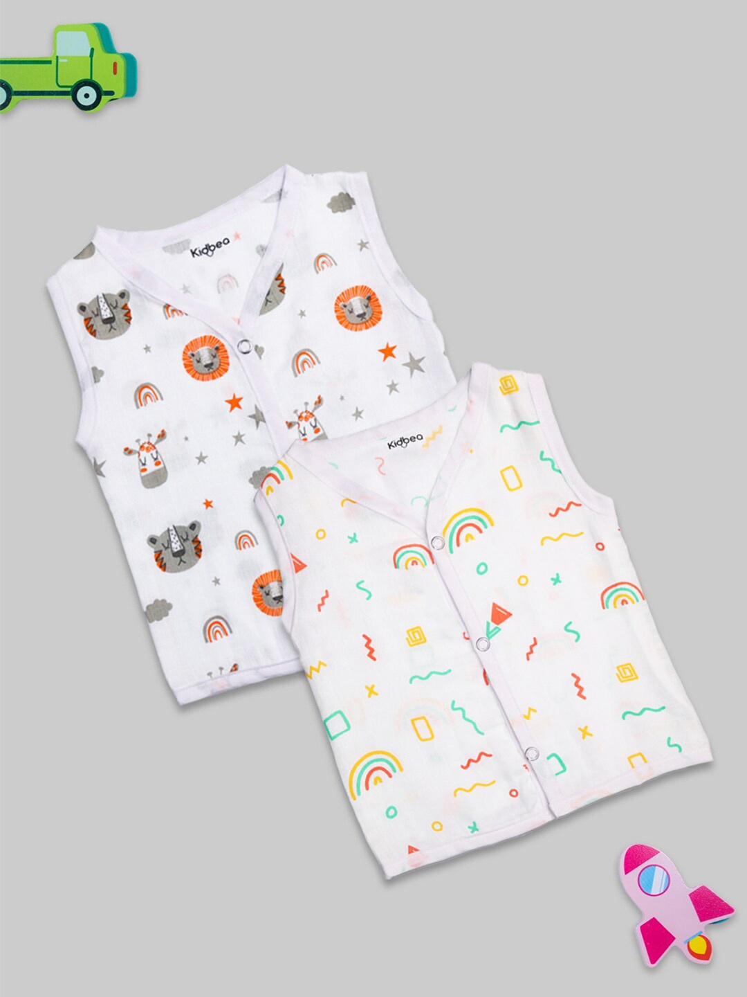 

Kidbea Infants Pack Of 2 Printed Pure Bamboo Jhabla Vests, White