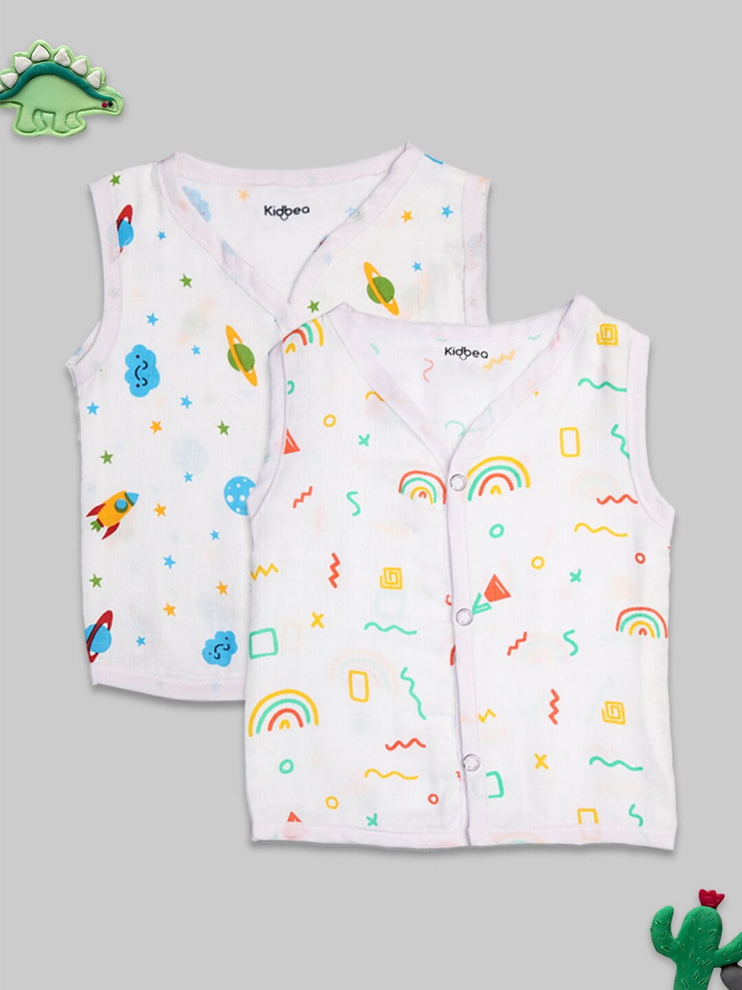 

Kidbea Infants Pack Of 2 Printed Pure Bamboo Jhabla Vests, White