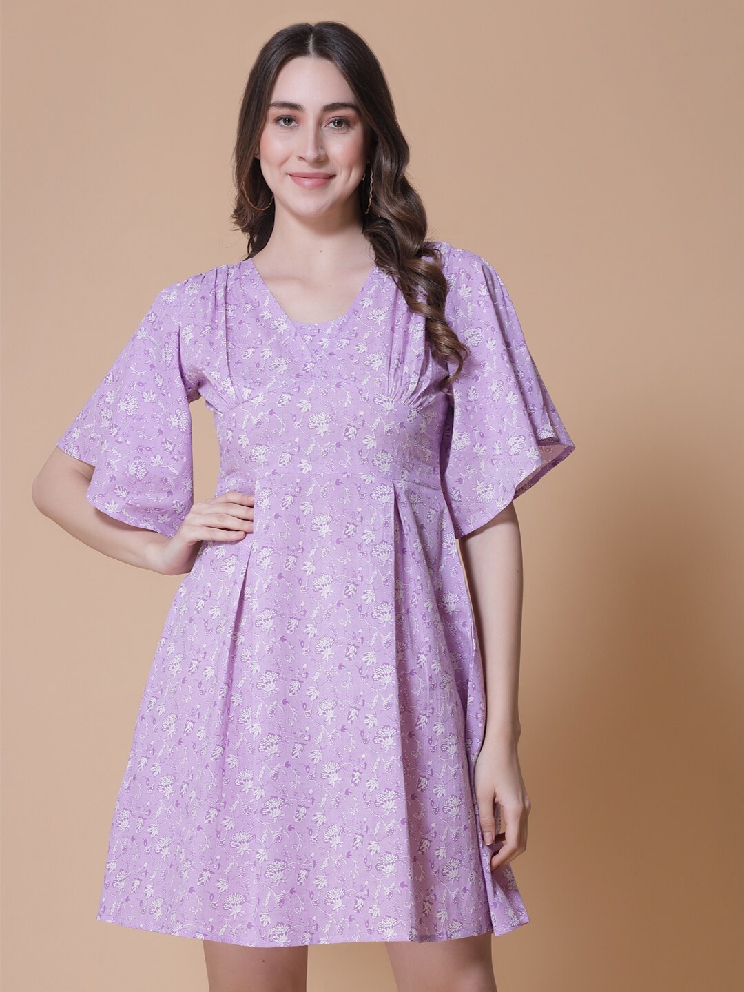 

God Bless Floral Printed V-Neck Flared Sleeve Gathered Pure Cotton Fit & Flare Dress, Purple