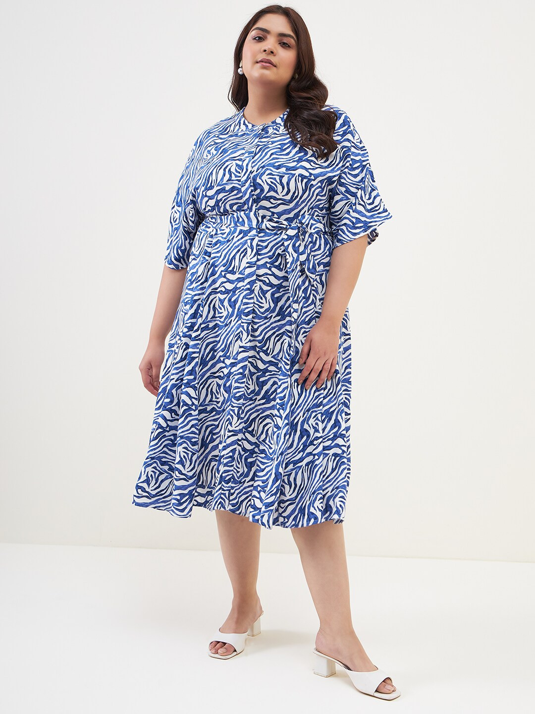 

Femella Abstract Printed Shirt Midi Dress With belt, Blue