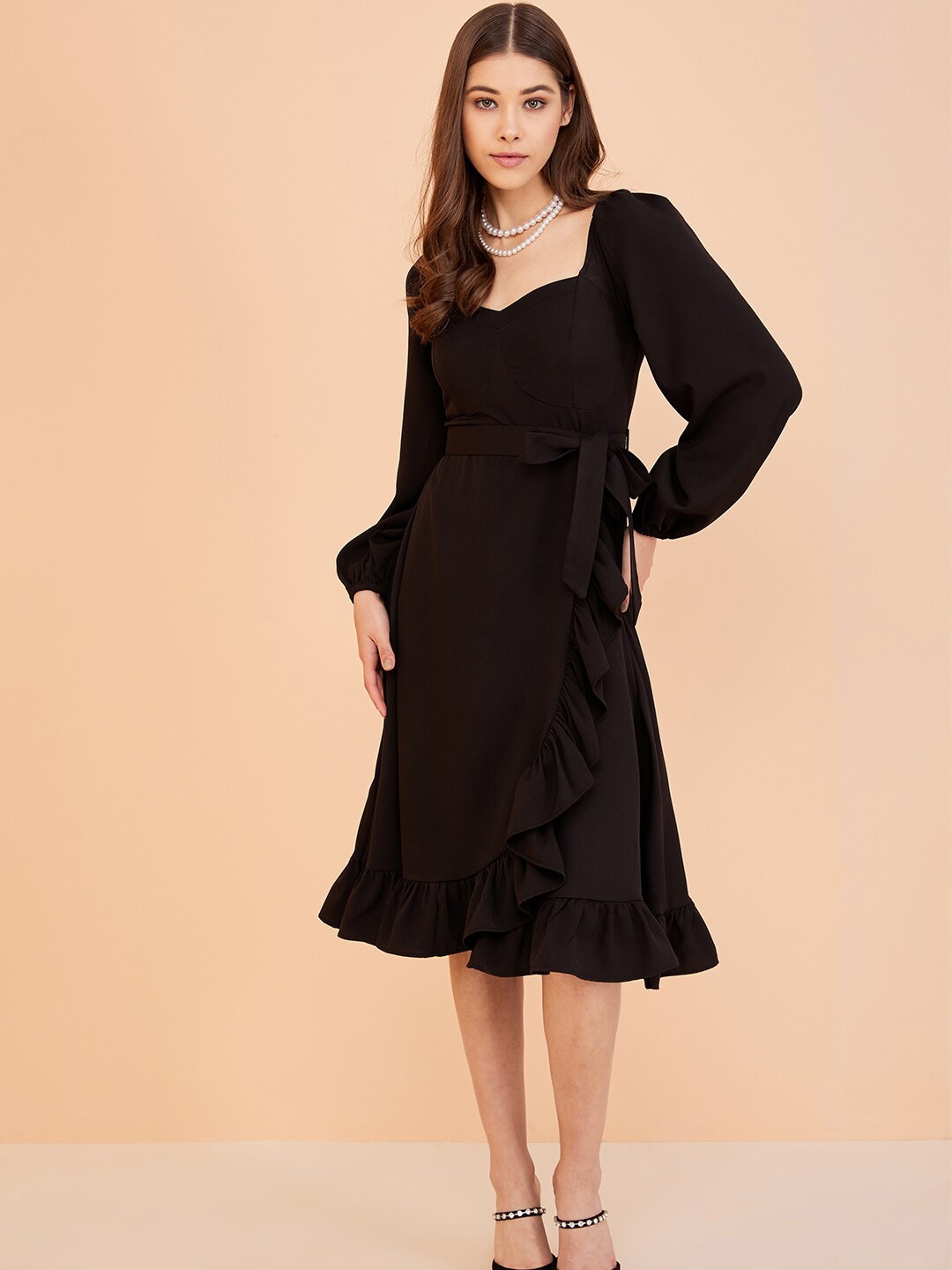 

Femella Sweetheart Neck Puff Sleeve Tie-Up A-Line Dress, Black