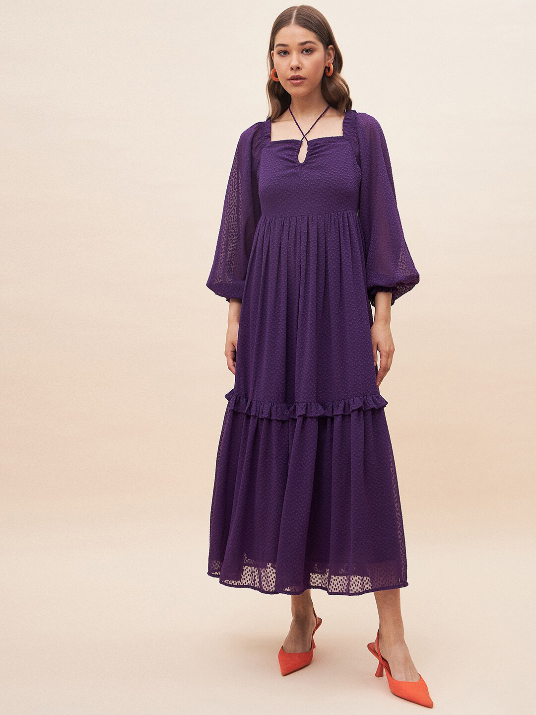 

Femella Dobby Self Design Tie-Up Neck Puff Sleeve Tiered Gathered Fit & Flare Midi Dress, Purple