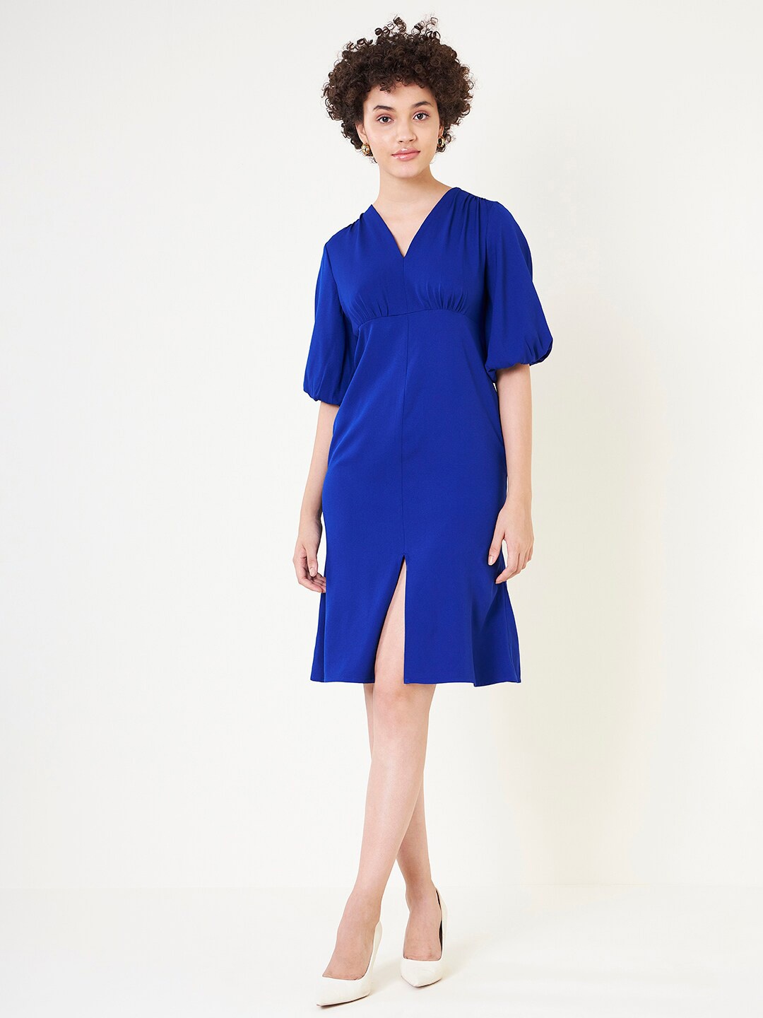 

Femella V Neck Puff Sleeve Gathered Empire Dress, Blue