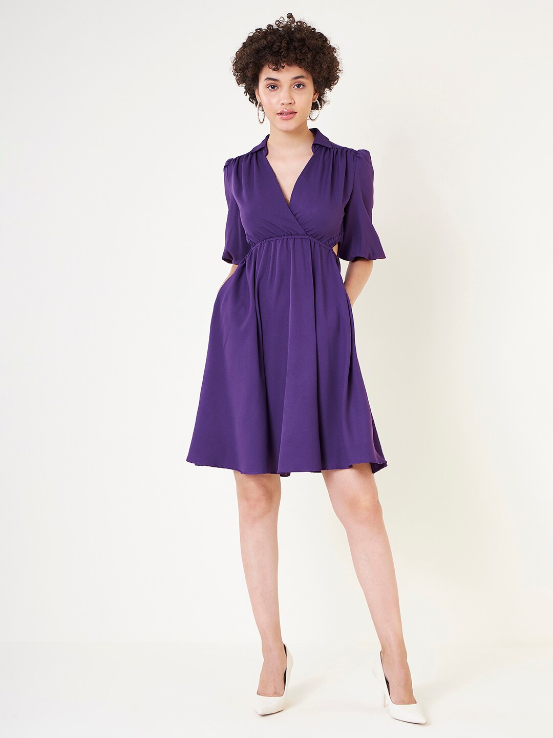 

Femella V-Neck Puff Sleeves Cut Out Fit & Flare Midi Dress, Purple