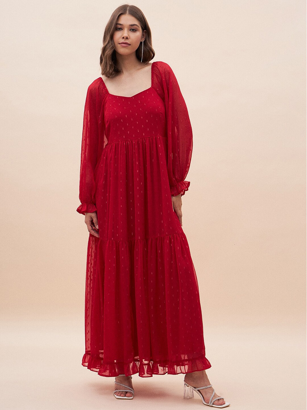 

Femella Self Design Puff Sleeves Tiered Gathered Maxi Dress, Red