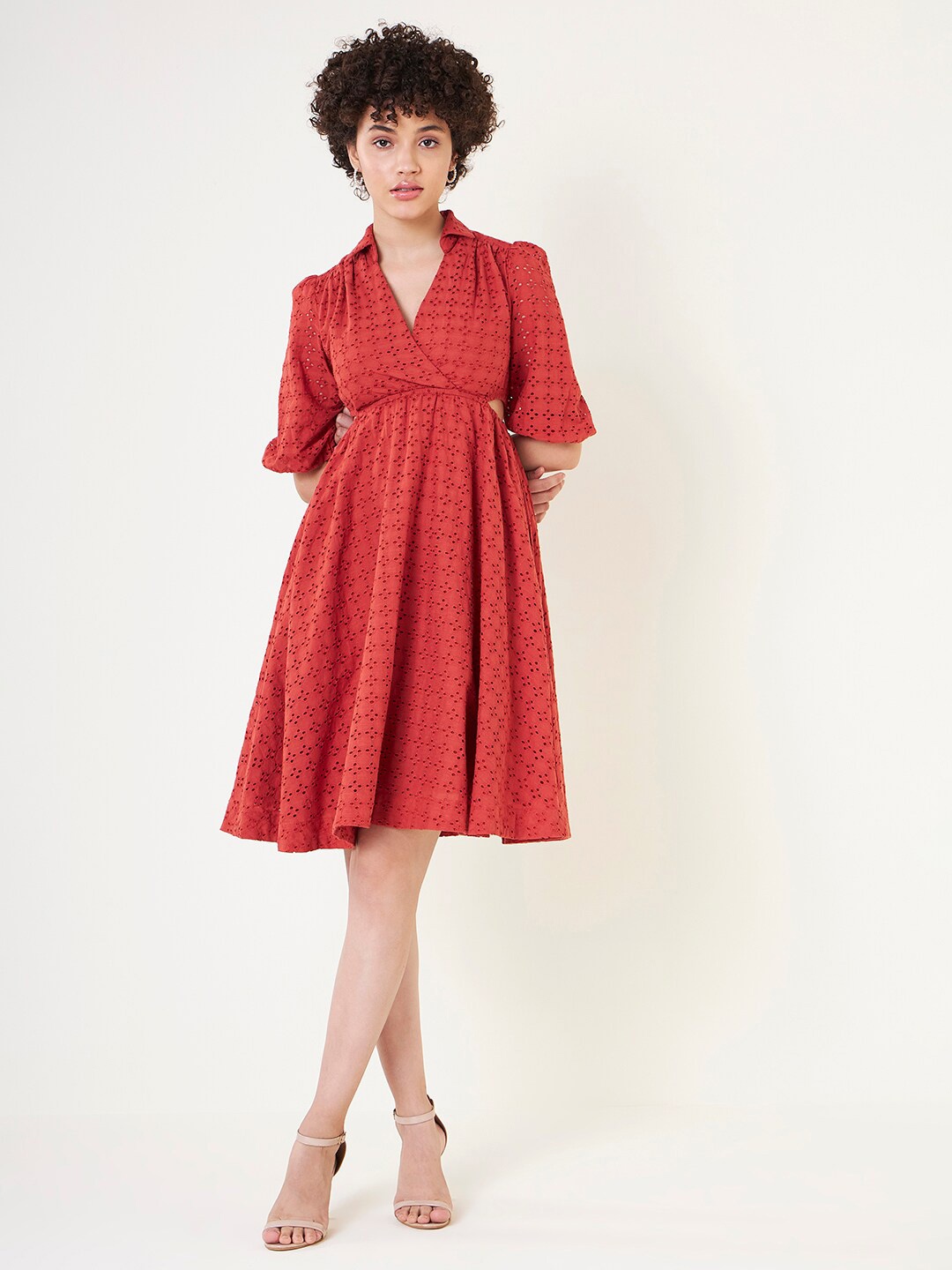 

Femella Self Design Shirt Collar Puff Sleeve Cut Out Schiffli Cotton Fit & Flare Dress, Rust
