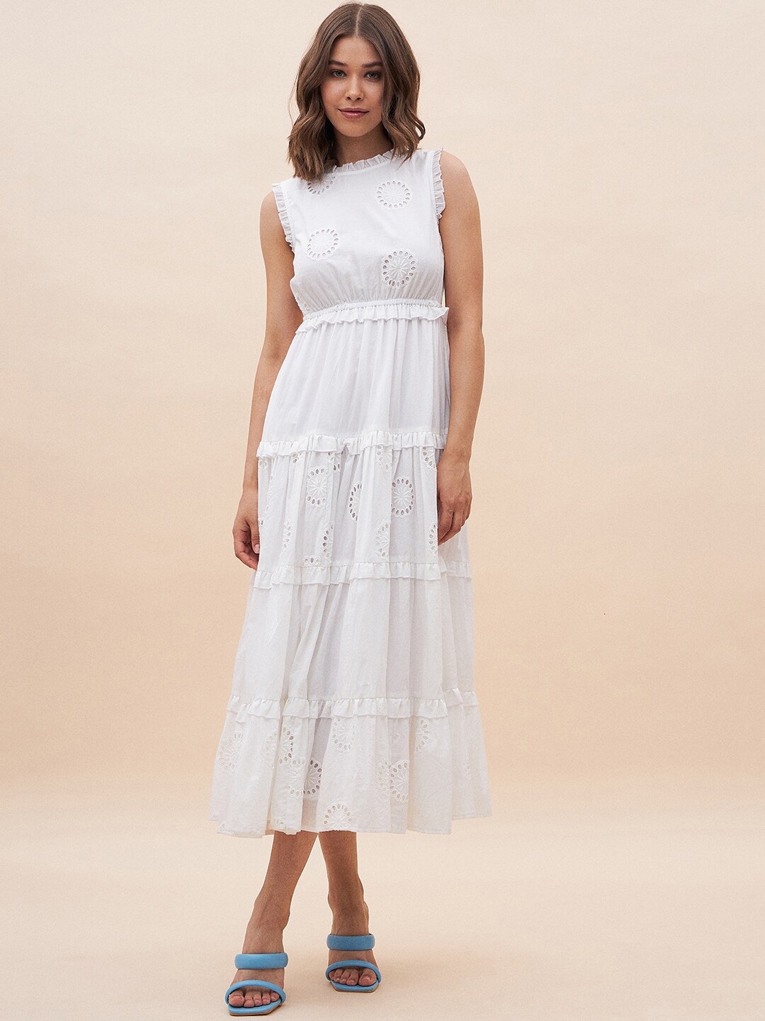 

FEMMELLA Schiffli Tiered Cotton Midi Fit & Flare Dress, White