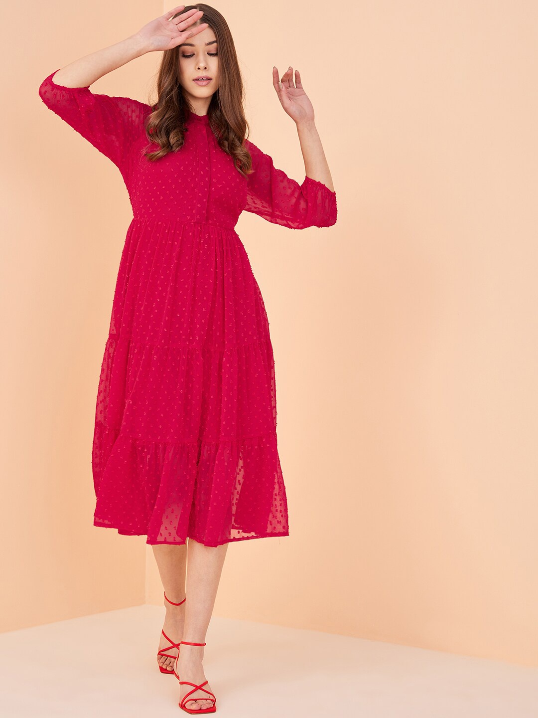 

Femella Self design Tiered Band Collar Fit & Flare Midi Dress, Red