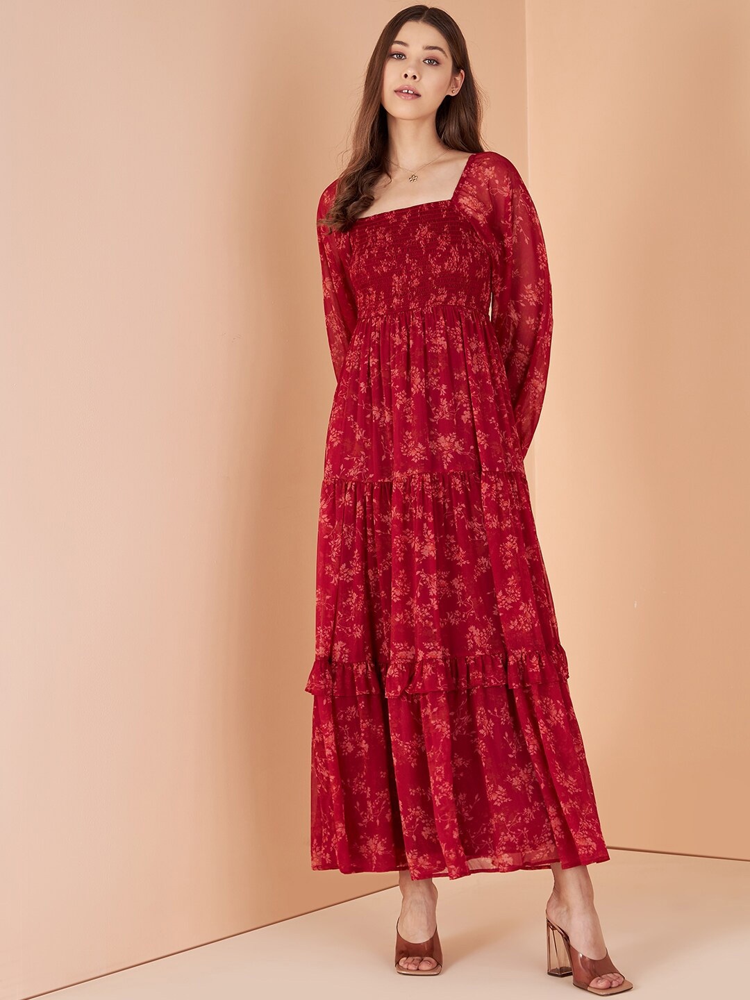 

Femella Floral Printed Smocked Tiered Square Neck Fit & Flare Dress, Red