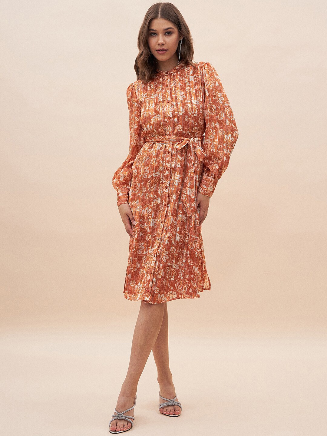 

FEMMELLA Floral Printed Mandarin Collar Cuffed Sleeve Tie Up Shirt Dress, Orange