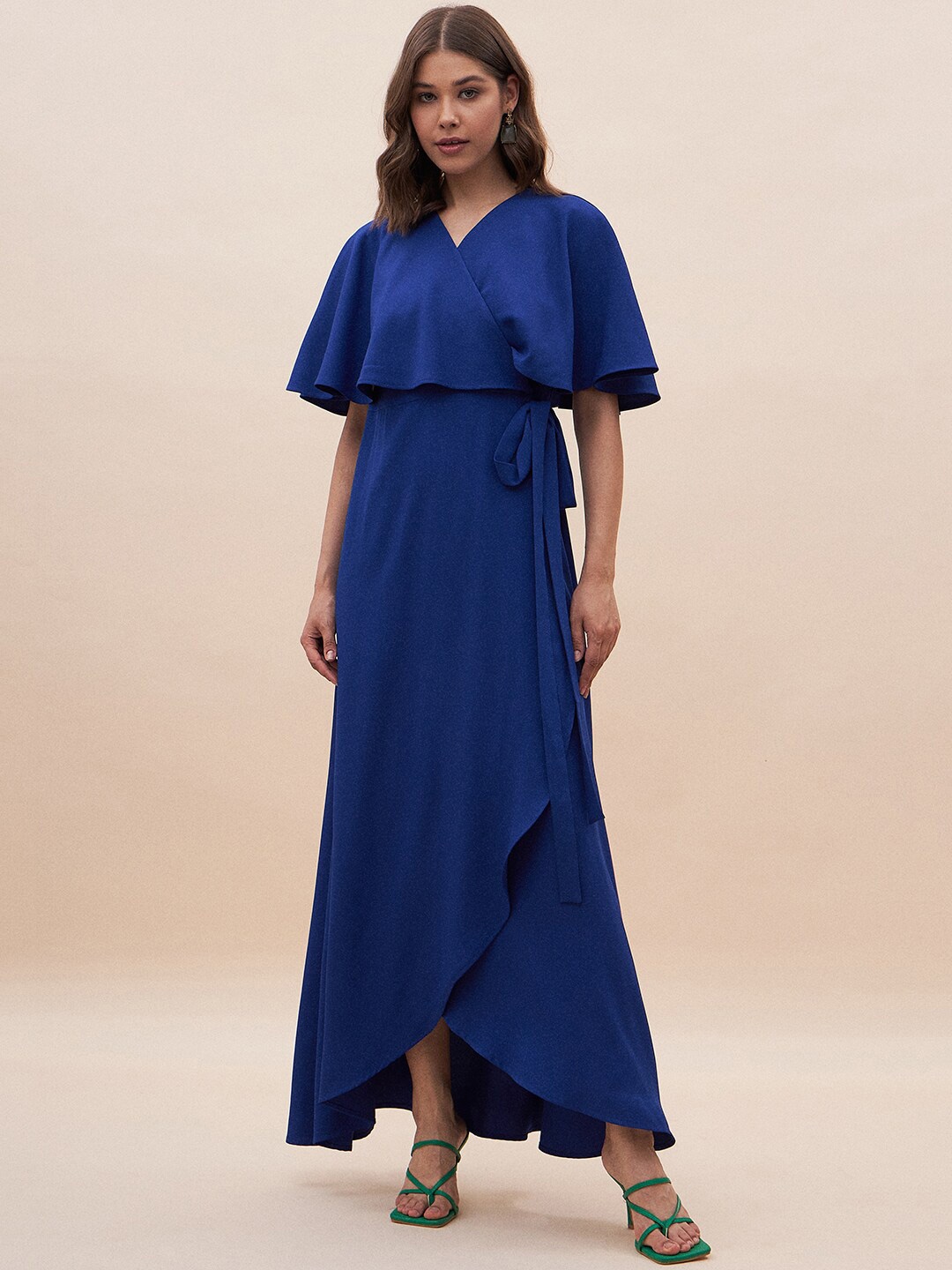 

Femella V Neck Cape Sleeve Tie Up Wrap Dress, Blue