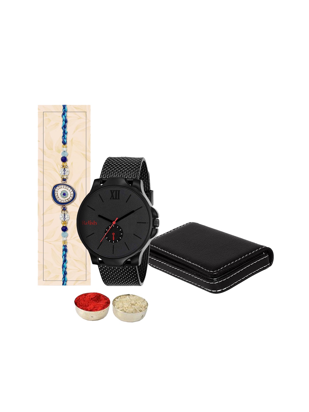 

Relish Evil Eye Studded & Beaded Rakhi With 1 Card Holder & 1 Watch, Black