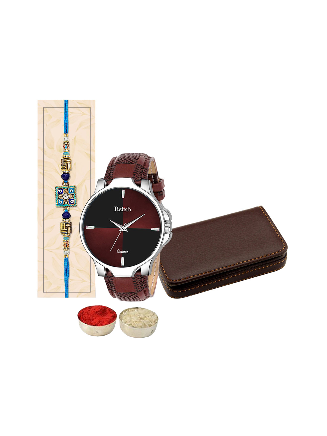 

Relish Evil Eye Studded & Beaded Rakhi With 1 Card Holder & 1 Watch, Blue