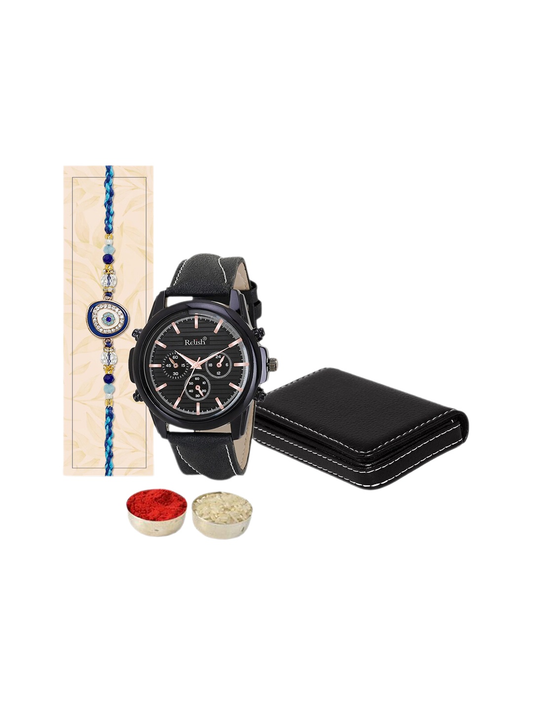 

Relish Evil Eye Studded & Beaded Rakhi With 1 Card Holder & 1 Watch, Black