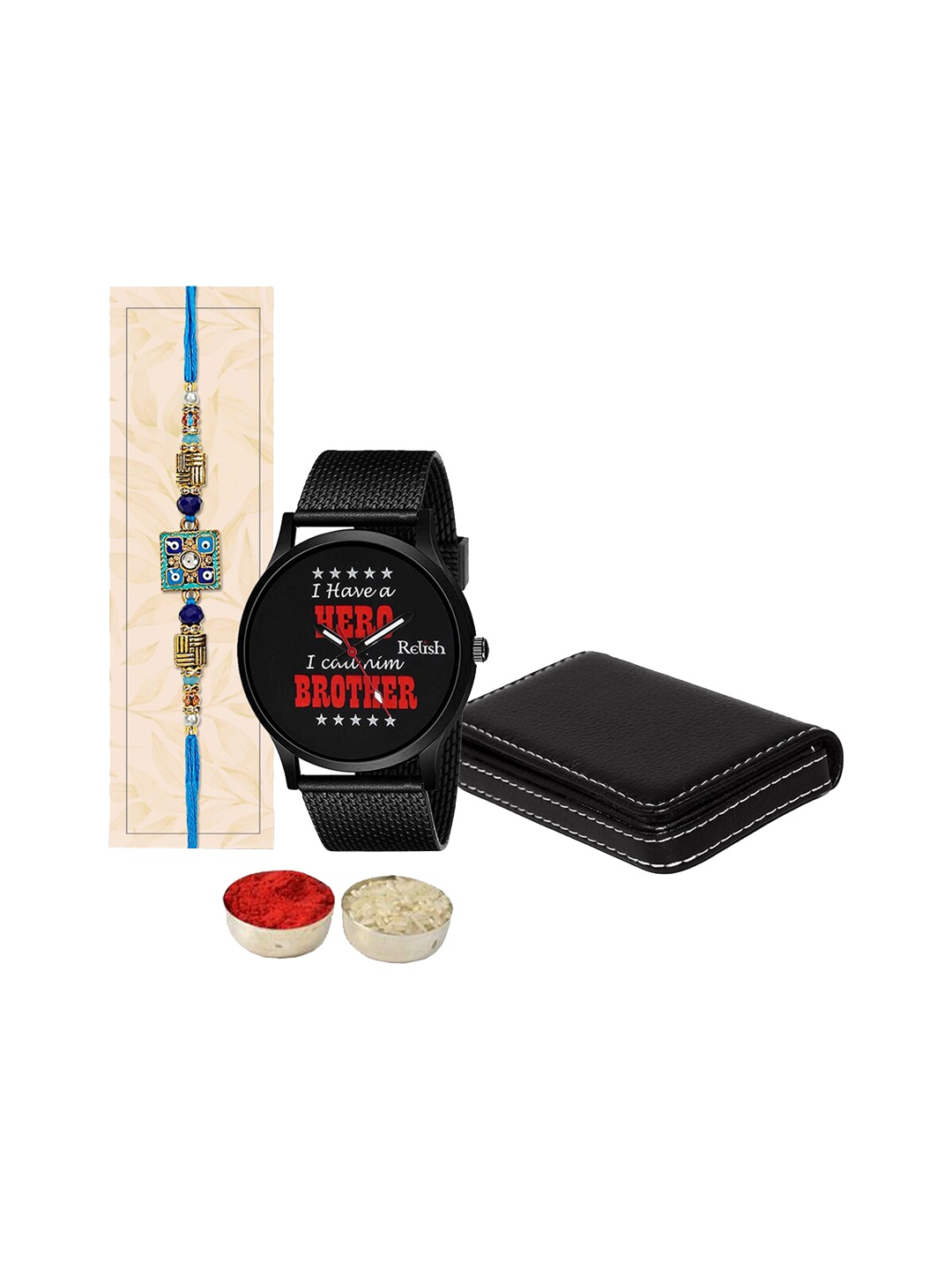 

Relish Evil Eye Studded & Beaded Rakhi With 1 Card Holder & 1 Watch, Blue