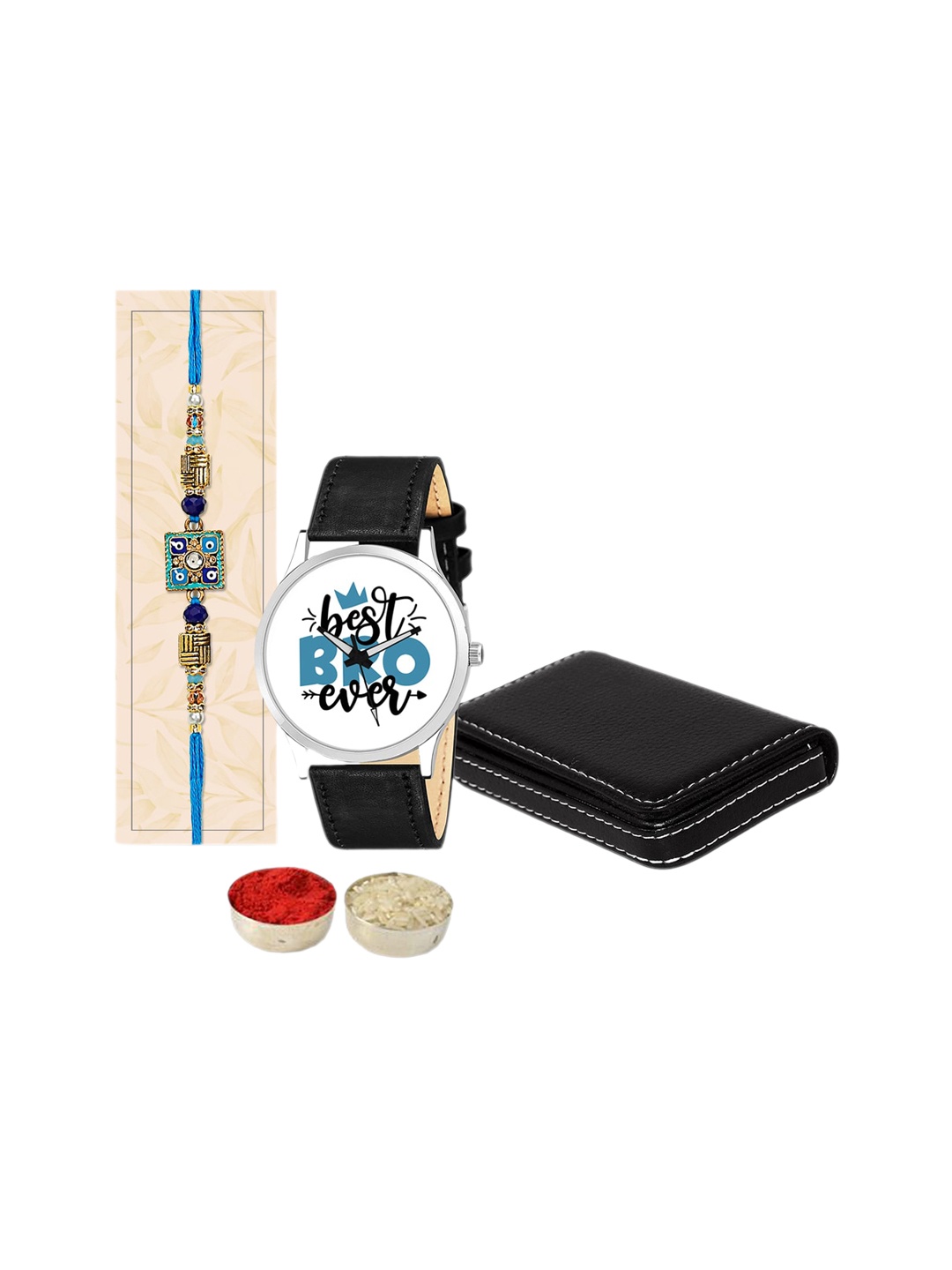 

Relish Evil Eye Studded & Beaded Rakhi With 1 Card Holder & 1 Watch, Blue