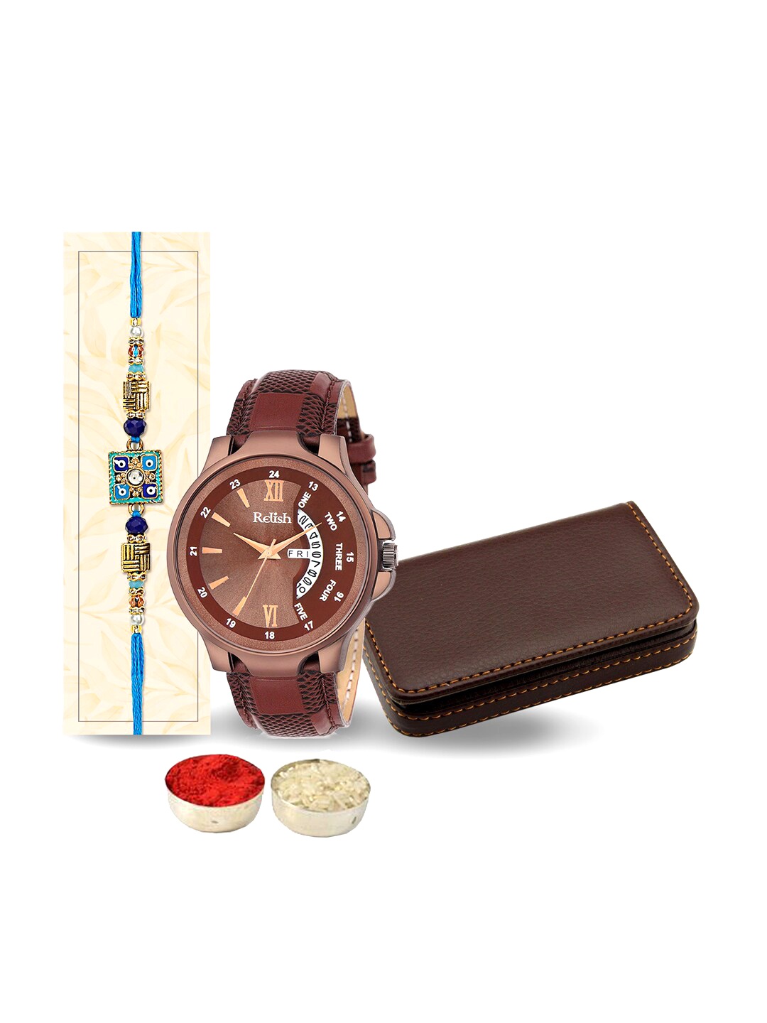 

Relish Evil Eye Studded & Beaded Rakhi With 1 Card Holder & 1 Watch, Blue