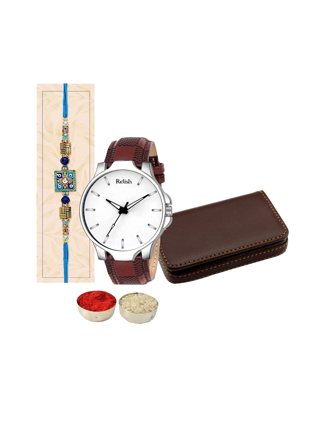 

Relish Evil Eye Studded & Beaded Rakhi With 1 Card Holder & 1 Watch Gift Set, Blue