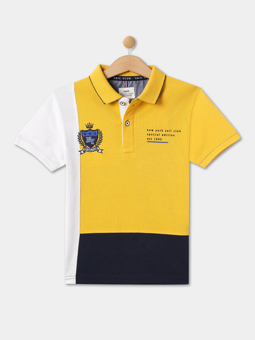 

R&B Boys Colourblocked Polo Collar Cotton T-shirt, Yellow