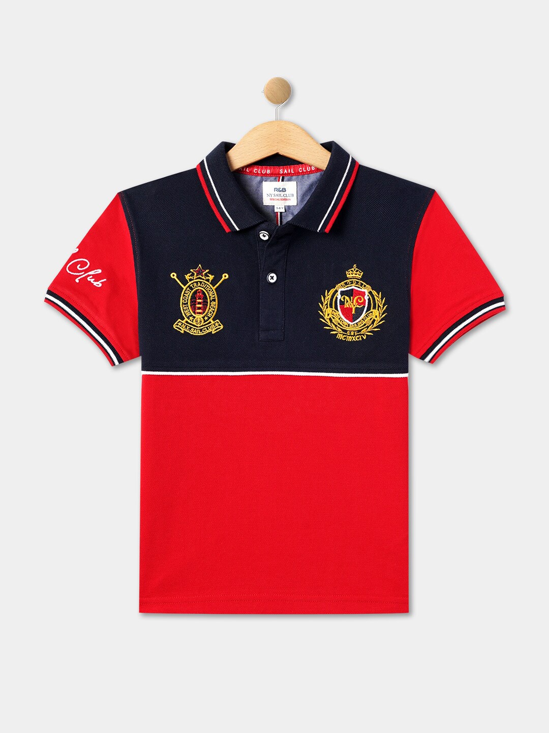 

R&B Boys Colourblocked Polo Collar Cotton T-shirt, Red