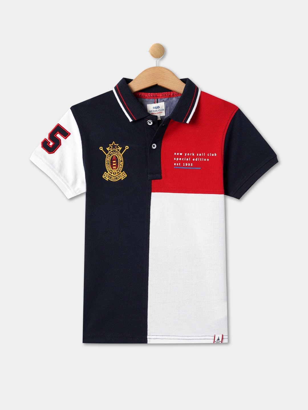 

R&B Boys Colourblocked Polo Collar Cotton T-Shirt, Navy blue
