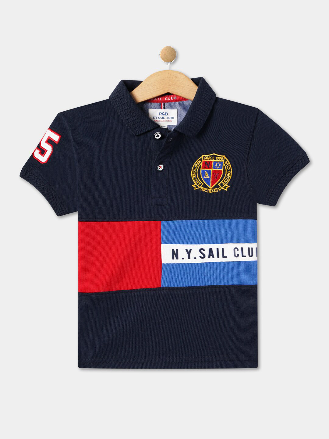 

R&B Boys Colourblocked Polo Collar Cotton T-shirt, Blue