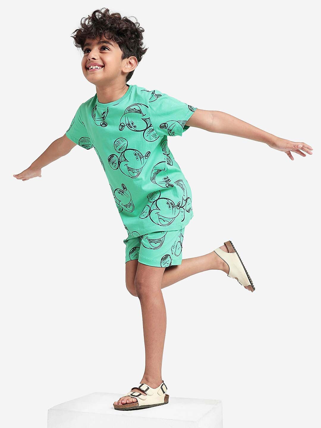 

BONKIDS Mickey Printed Cotton T-shirt With Shorts, Green