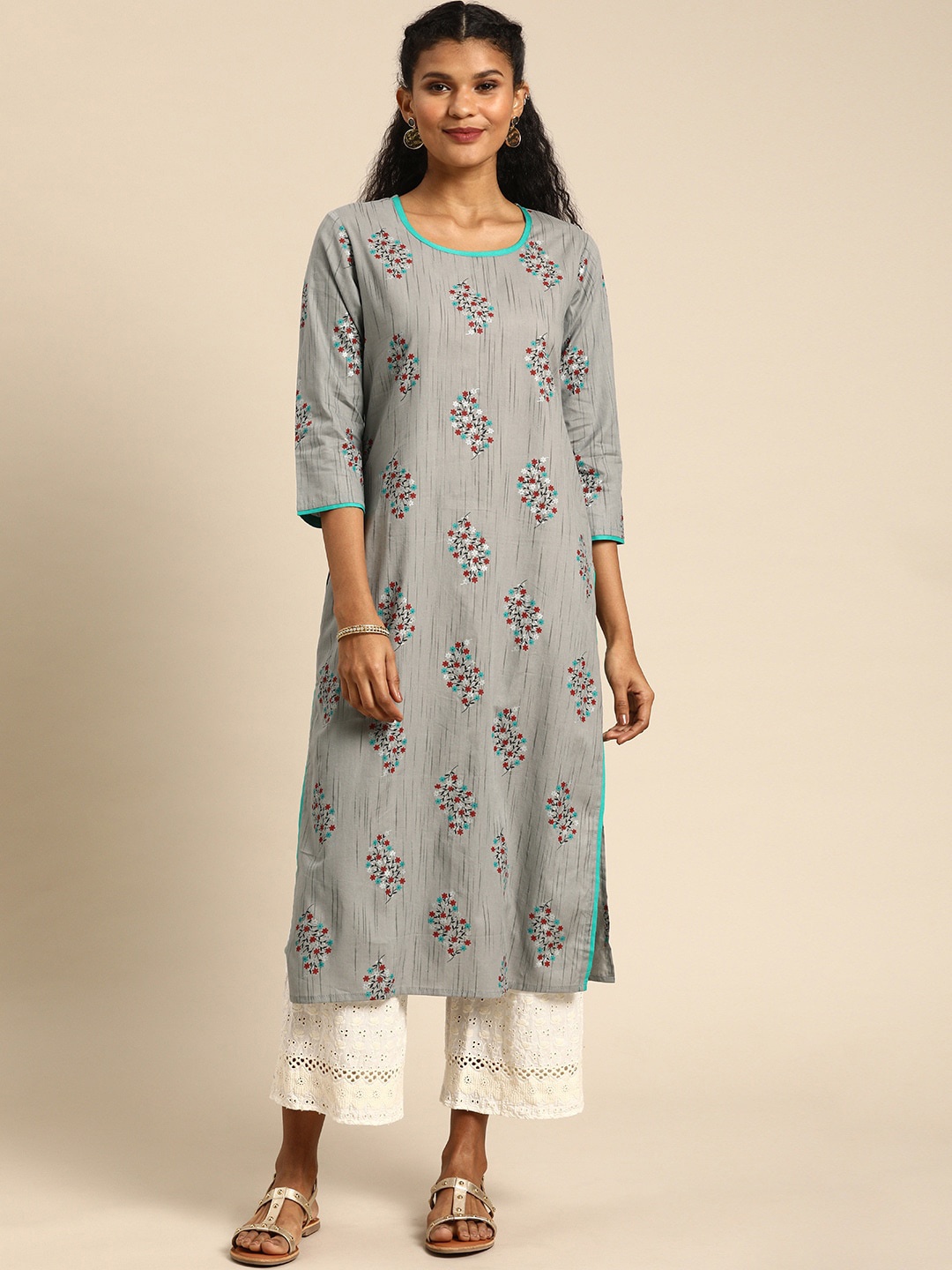 KALINI Floral Printed Cotton Kurta, Grey