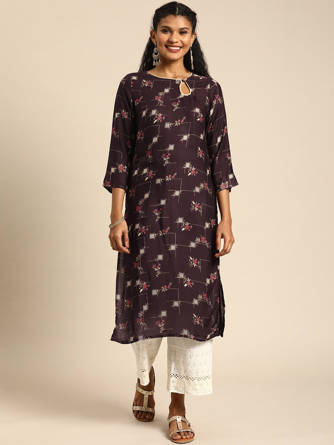 

KALINI Floral Printed Keyhole Neck Straight Kurta, Brown