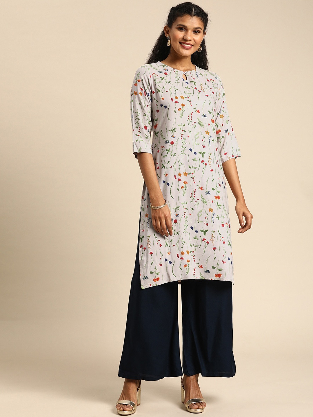 

KALINI Floral Printed Keyhole Neck Kurta, White