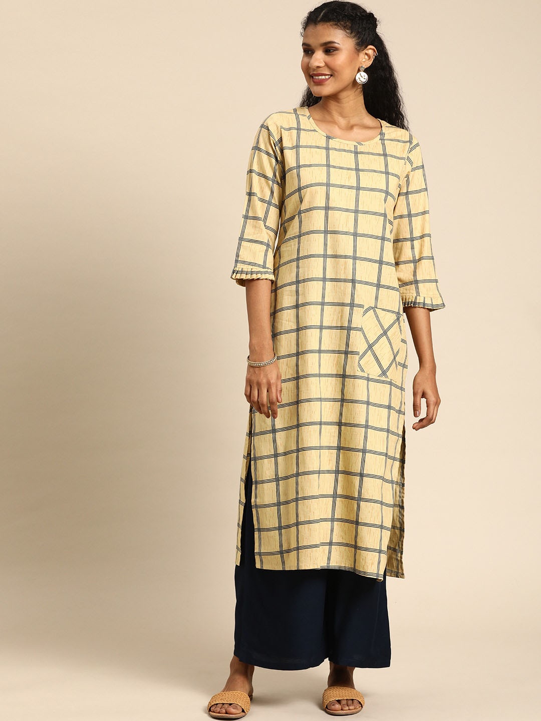 

KALINI Checked Pleated Detail Cotton Straight Kurta, Beige