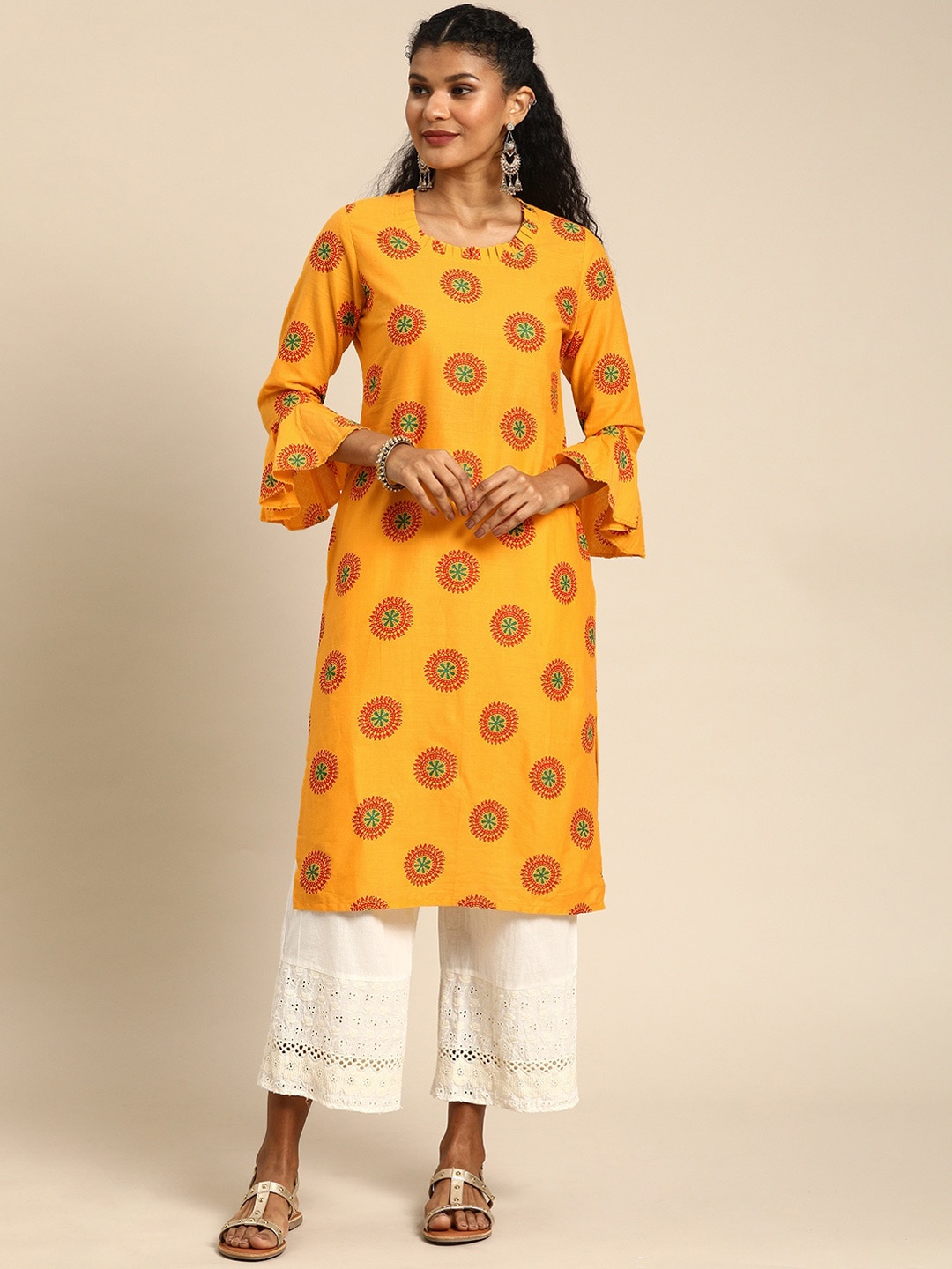 

KALINI Ethnic Motifs Printed Straight Kurta, Mustard