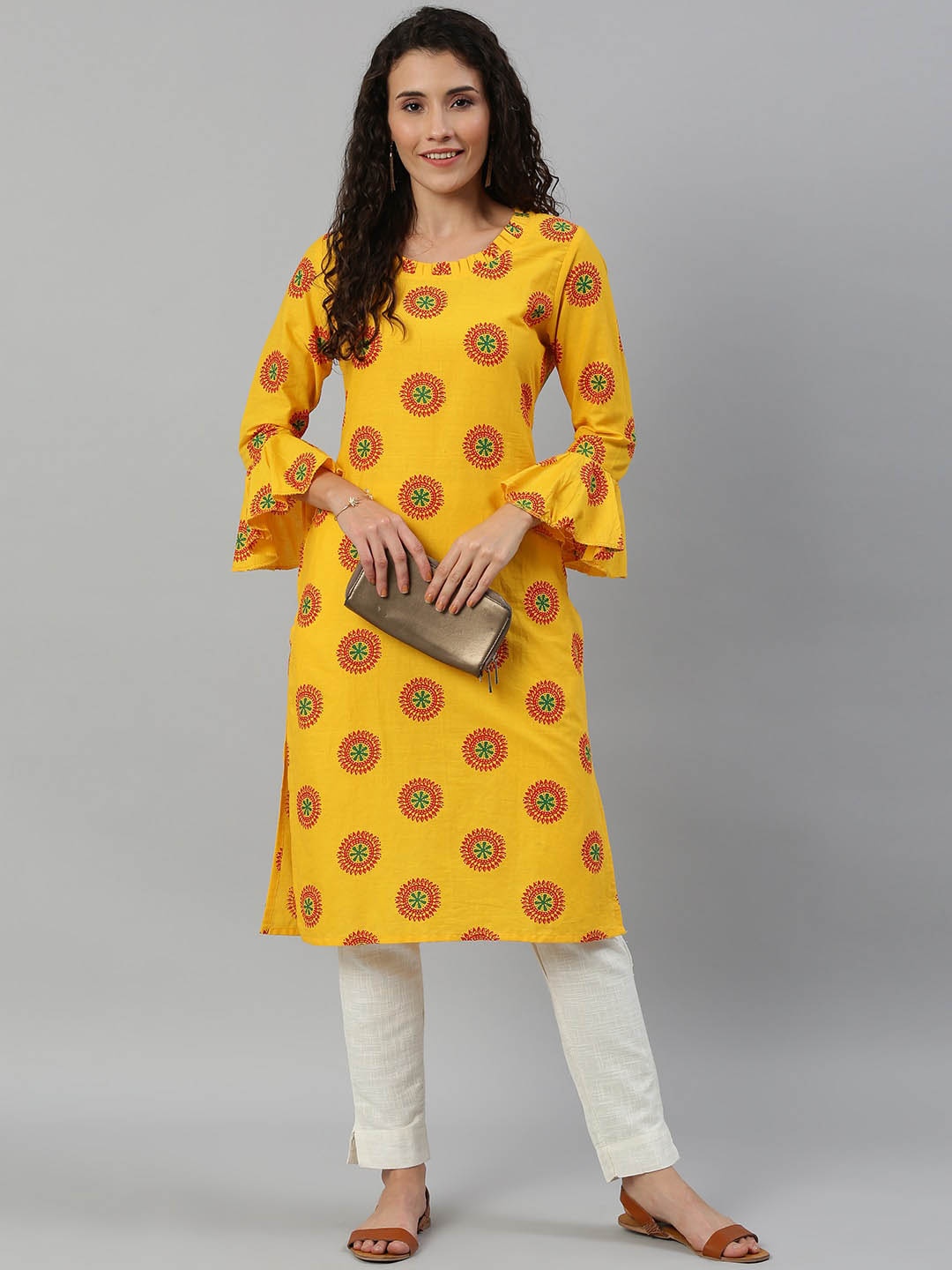 

KALINI Ethnic Motifs Printed Flared Sleeves Straight Kurta, Mustard