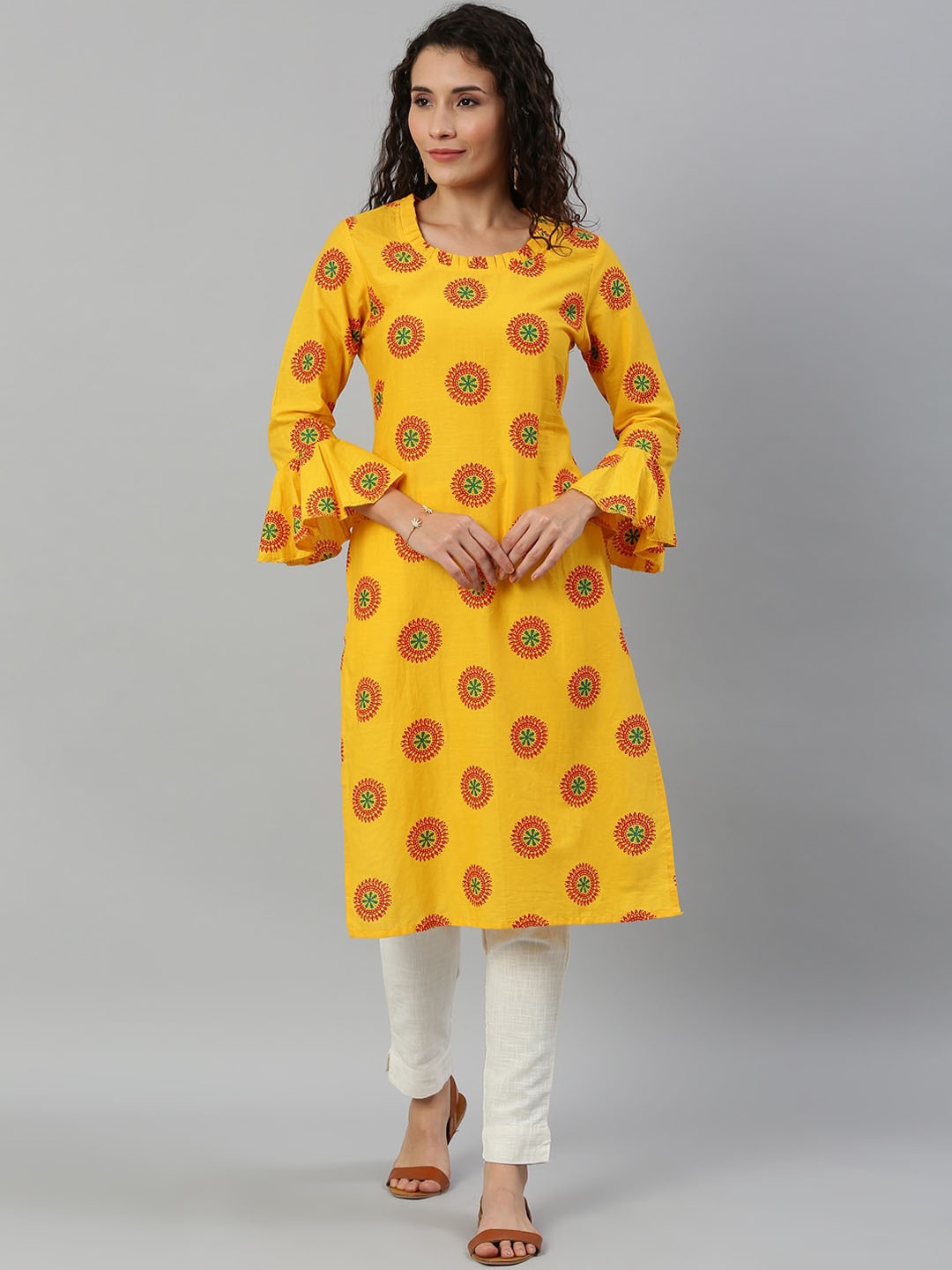 

KALINI Ethnic Motifs Printed Bell Sleeves Straight Kurta, Mustard