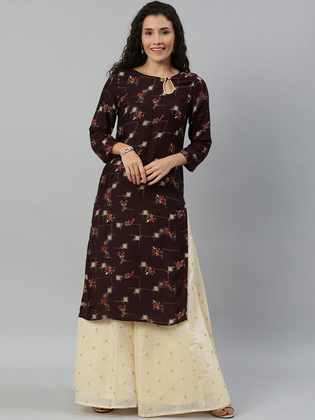 

KALINI Floral Printed Keyhole Neck Kurta, Brown