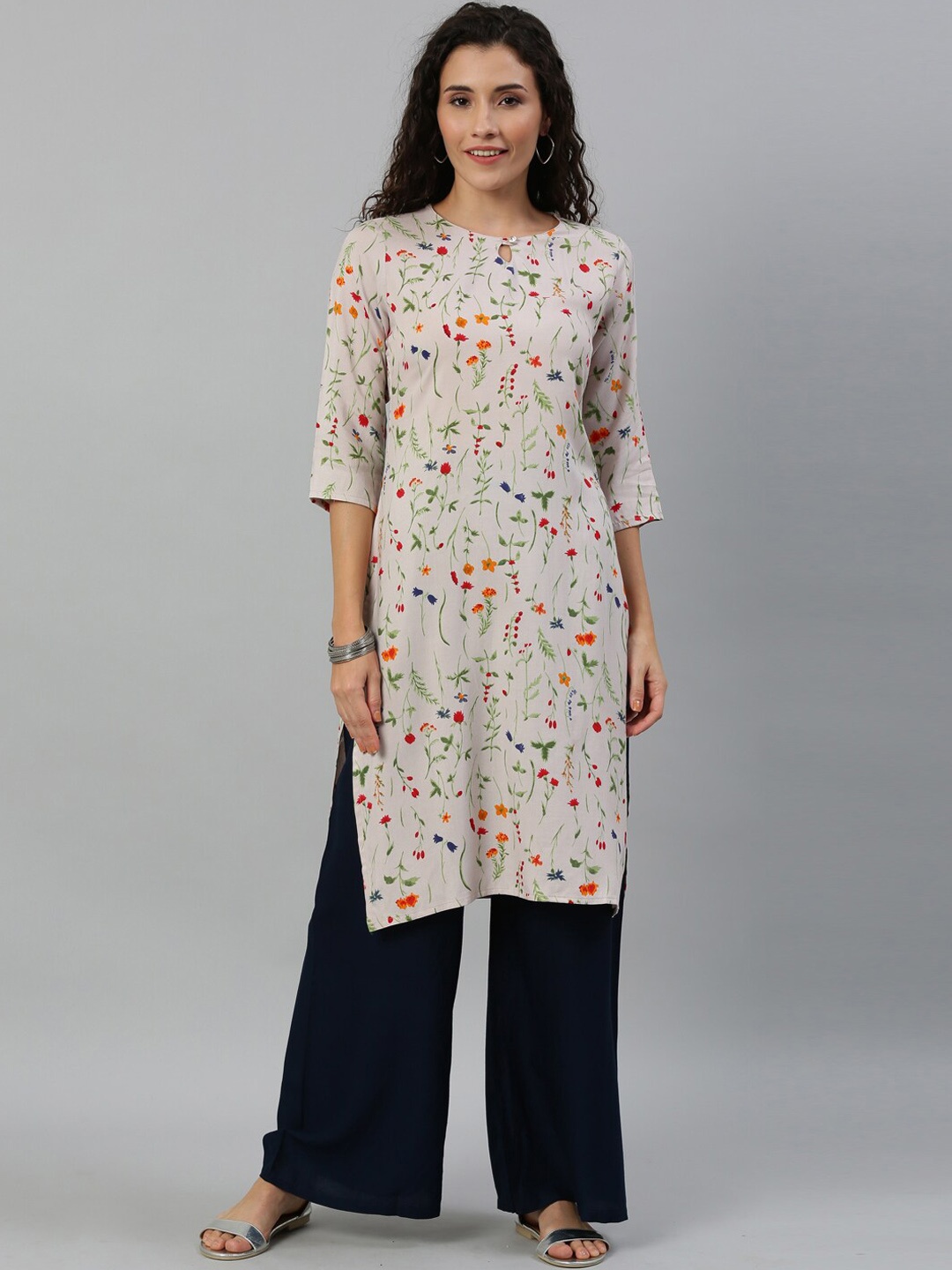 

KALINI Floral Printed Keyhole Neck Kurta, Off white