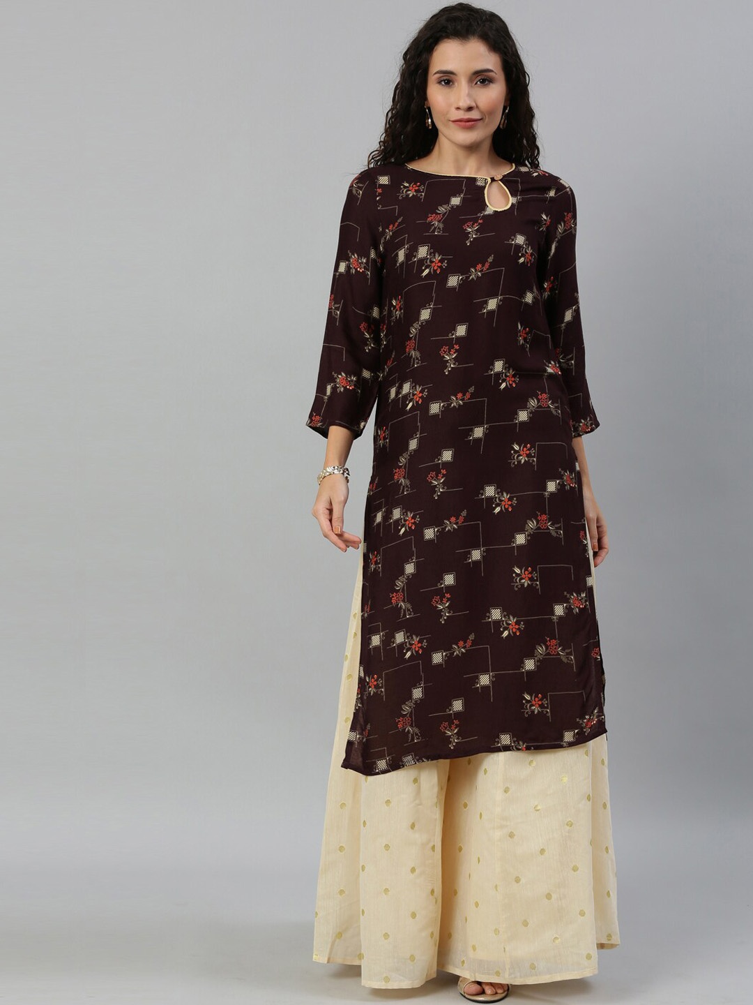 

KALINI Floral Printed Keyhole Neck Regular Kurta, Brown