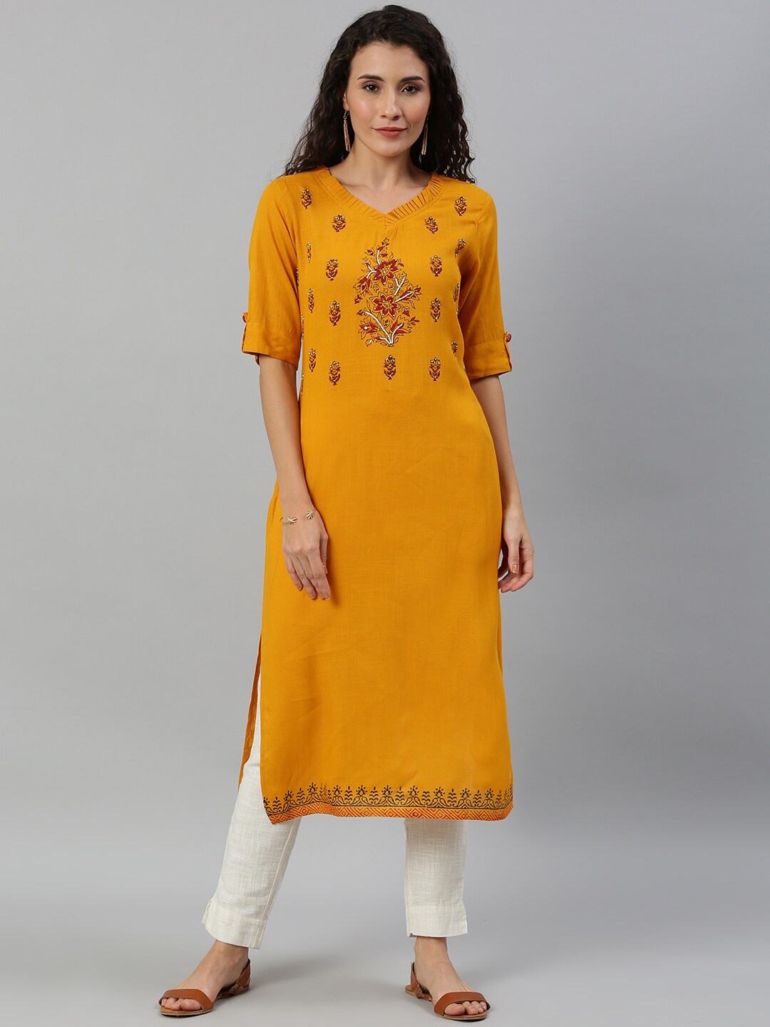 

KALINI Floral Printed Beaded Straight Kurta, Mustard
